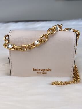 kate spade Cream Mini Saffiano Crossbody with Gold Chain & Crystal Accents